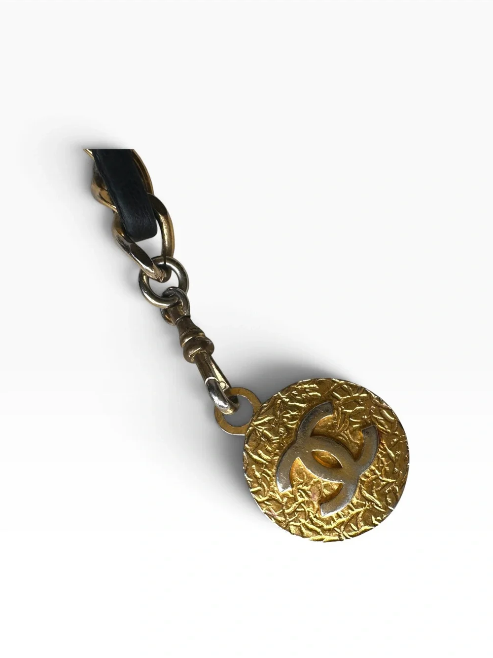 CHANEL Black and Gold Chain Necklace with CC Medallion Vintage 1982